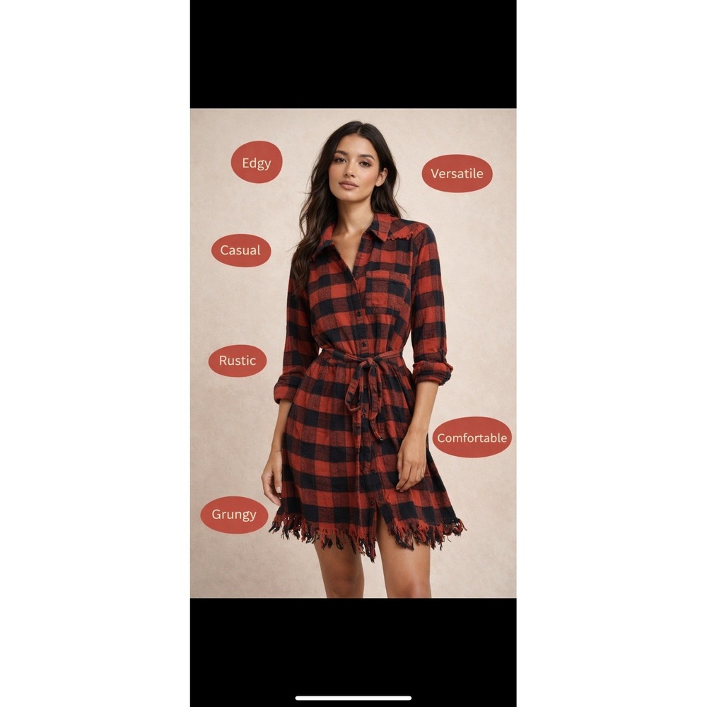 Plaid Shirt Dress Women's L Flannel  Belt Western Fringe Hem 3/4 Button Sleeve